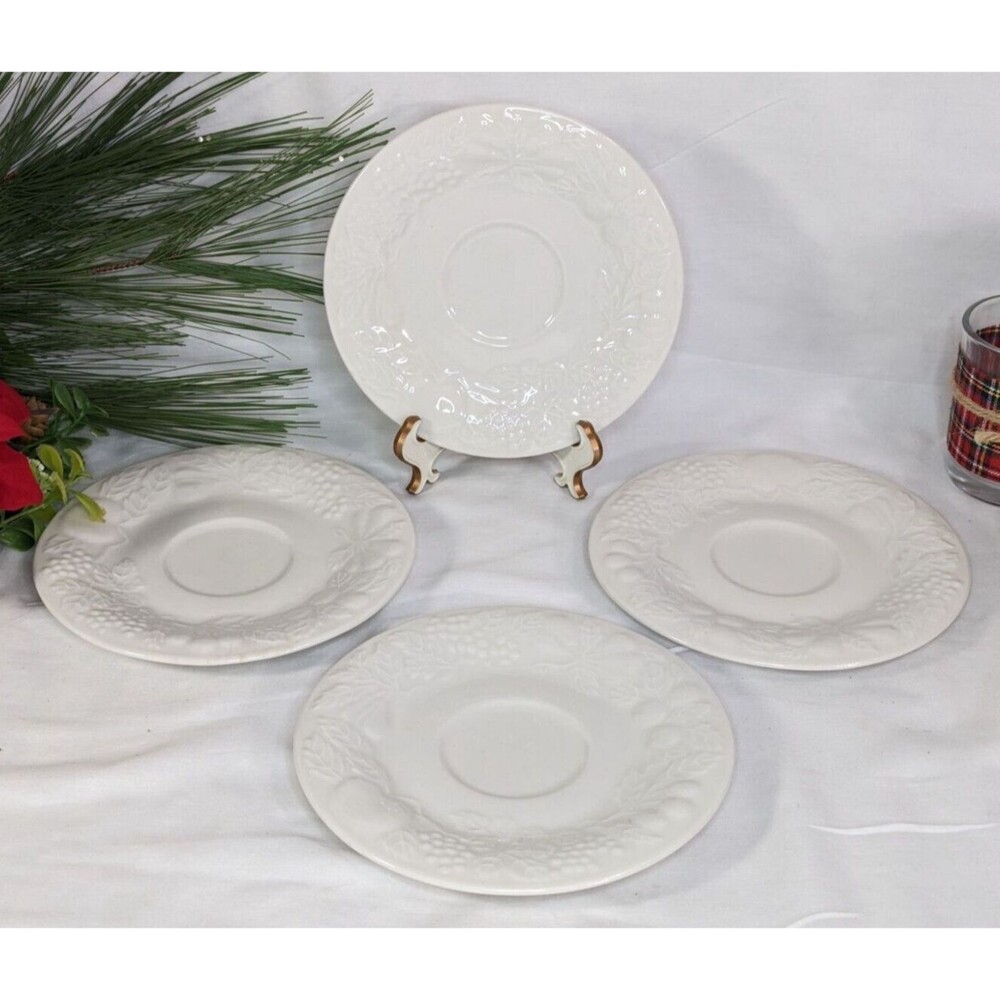 4 Gibson Flourish Saucers White Embossed Fruit Grapes Apples Cherries